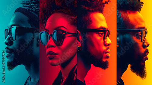 Profile portraits of a fashionable man and woman with sunglasses in a striking blue and red duo tone lighting effect