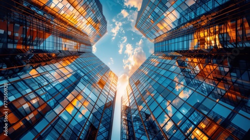 Reflective skyscrapers, business office buildings. low angle view of skyscrapers in city, sunny day. Business wallpaper with modern high-rises with mirrored windows. Generative AI