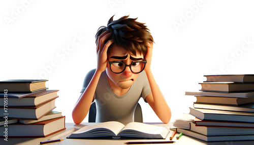 student man showing signs of anxiety due to upcoming exams. he is seated at a desk, surrounded by open textbooks and notes