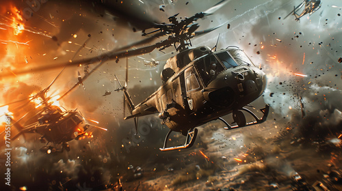 Two attack helicopters flying low over a war zone, amidst explosions and debris, captured in an action-packed moment