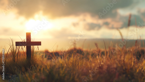 Ascension day concept. The cross on meadow autumn sunrise background., orthodox easter