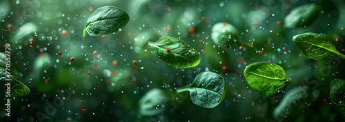 spinach leaves, rocket leaves, and mix green and red salads leaves floating in the air, bio background, banner for website