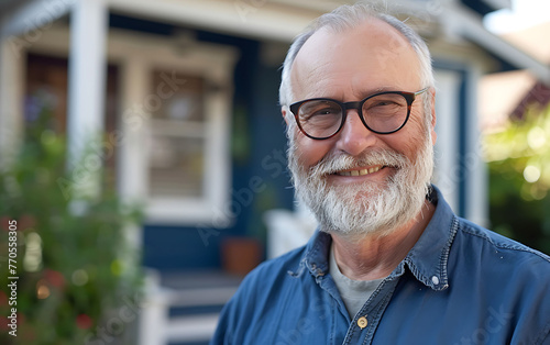 Portrait of a senior man with a beard and glasses, smiling at the camera in front of a house, 