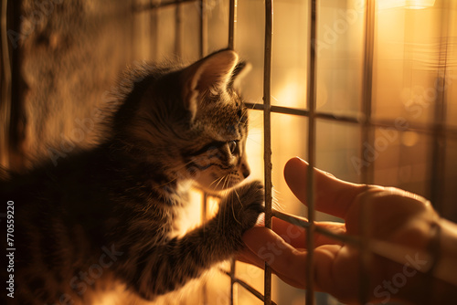 Mały kotek zamknięty w klatce czeka na nowego właściciela w schronisku dla zwierząt