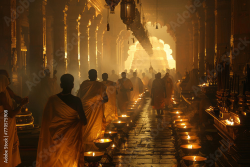 A ceremonial procession, with priests bearing sacred artifacts through the dimly lit corridors of an ancient temple.
