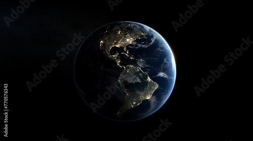 Planet Earth with city lights on the night side, showcasing the Americas against the dark void of space.
