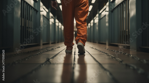 The legs of a prisoner walking along a path in a prison cell