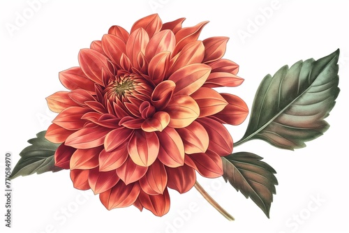 Vintage Illustration of an Orange and Red Dahlia, the Flower's Petals Glisten in Shades of Deep Pink and Amber Against Its Dark Green Leaves, Creating a Dramatic Contrast on White Background
