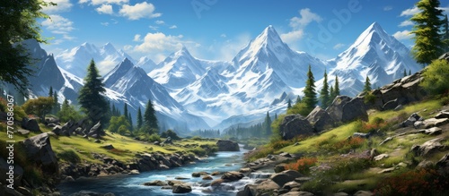 A serene river flows through the picturesque mountain range in the background, surrounded by lush green plants, snowcapped peaks, and a clear blue sky