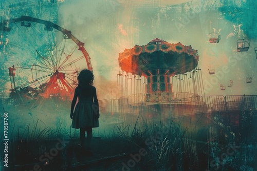 Faded memories: A pastel-toned double exposure melds a child's silhouette with the ghosts of an abandoned amusement park, capturing the bittersweet nostalgia of lost childhood wonder