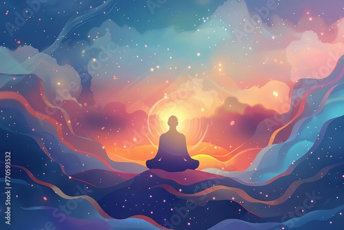 Spiritual Seeker Connecting with Divine Wisdom, Mystical Insight Illustration