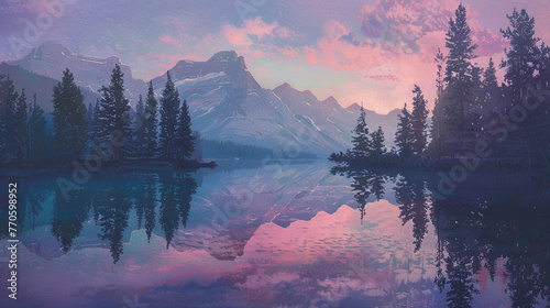 An almost surreal scene unfolds as the Bow River perfectly mirrors the rugged silhouette of the Rocky Mountains against a pastel-colored sky. 32K.