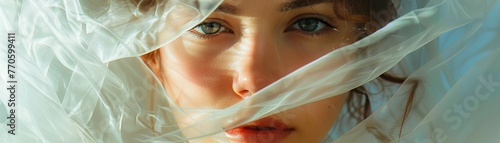 A Close-up portrait of a woman with a captivating gaze veiled in a translucent fabric
