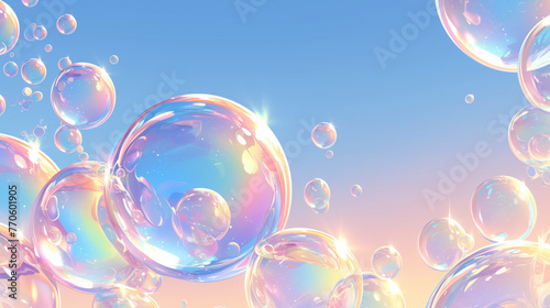 bright, transparent bubbles against a blue sky with a pinkish tint