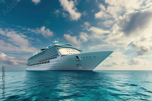 On waves of ocean, a beautiful large cruise ship floats AI Generative