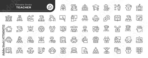 Set of line icons in linear style. Series - Teacher, teaching and education. Knowledge, teach, book, school and university. Outline icon collection. Conceptual pictogram and infographic.