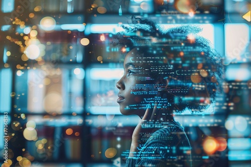 A double exposure blends a sleek AI computer with a classical classroom scene. This upscale juxtaposition reflects the integration of technology in the future of education