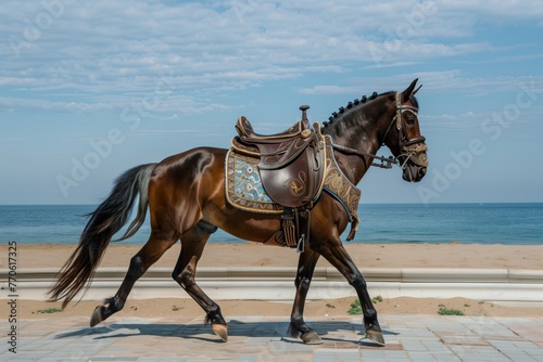 horse with ornate saddle trotting on a beach promenade