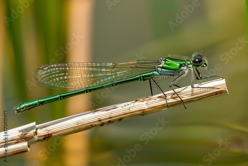 bright damselfly resting on a water reed