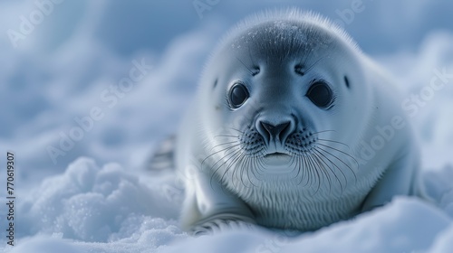  A close-up of a baby seal in the snow, its eyes open, and head turned to the side