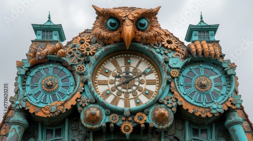  A building clock with an owl-faced dial and a separate clock display on its front