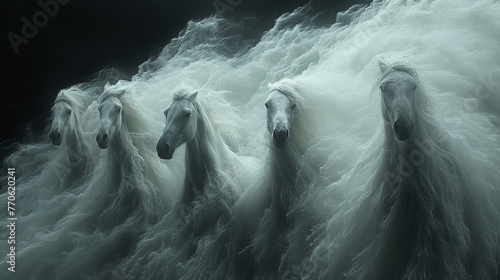  White horses grouped, standing atop water, black backdrop
