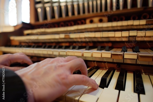 organists hands playing the keys of a large pipe organ