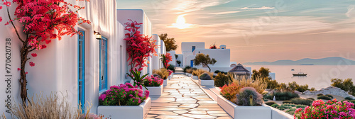 Iconic Greek Island Scene with Traditional White and Blue Architecture, Offering a Picturesque View of the Mediterranean Lifestyle