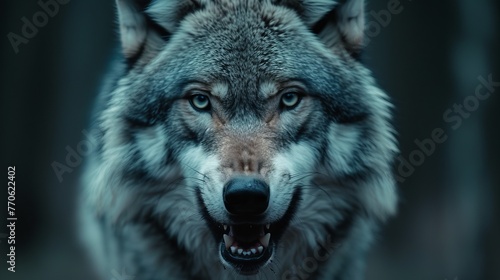  A close-up of a wolf's face with its mouth agape