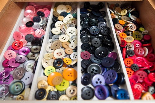 assorted buttons in a drawer divided by color