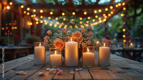 Wedding table setting. hall decoration with a lot of string lights and candles. festive table decor on the terrace --ar 16:9 --style raw --stylize 1000 Job ID: 5e55d803-6185-43f9-9cf1-002e563487d8
