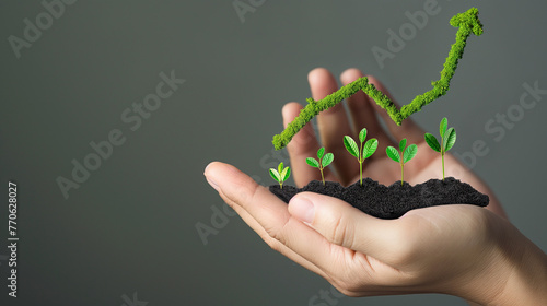 Mãos segurando um punhado de terra com plantas verdes crescendo e apresentando um gráfico que indica crescimento 