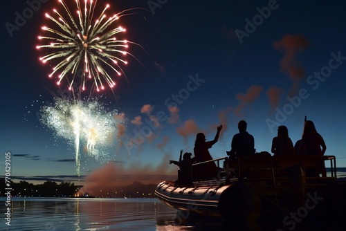 people watching fireworks from pontoon boat at night
