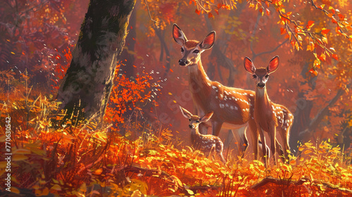 A family of deer cautiously exploring the colorful underbrush of the park, their graceful movements adding to the enchantment of the autumn landscape. 32K.