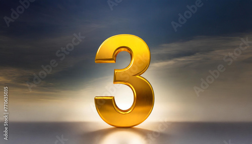 Golden number 3 on abstract natural background with copy space. 3D rendering.