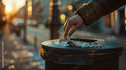 A persons hand discarding a pack of cigarettes into a trash can a decision for health.