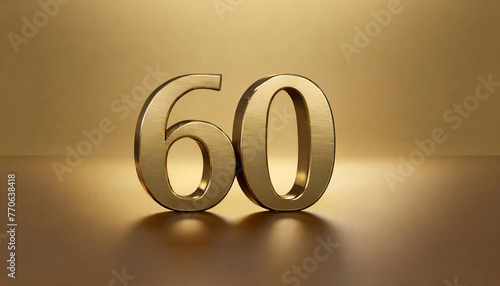 Golden number 60 on golden background with gradient and copy space. 3D rendering.