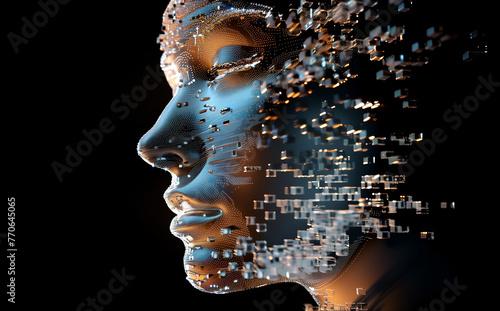 Abstract digital human head created using cubes on a black background, big data, machine learning or digital transformation concept