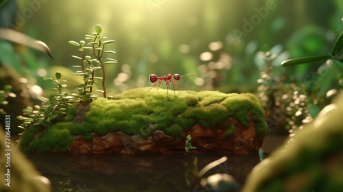 antss on the grass An intricately detailed HD animation showcasing a solitary red worker ant amidst a tranquil setting, as additional ants begin to emerge against a backdrop adorned with soft beige