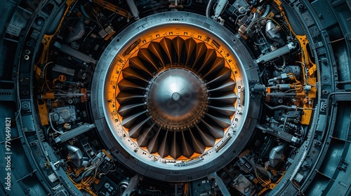 Showcase the mesmerizing details of a jet engines components in a dynamic and visually striking composition Transport viewers into the world of aviation with precision and creativity