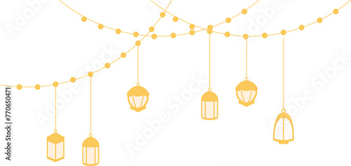 golden ramadhan and eid hanging decoration with beaded ropes, hiasan gantungan ramadhan dan indul fitri emas dengan tali manik-manik