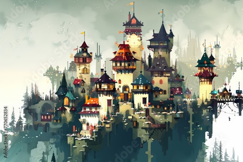 Fairytale village perches atop reflective waters, myriad hues illuminate whimsical architecture, surrounded by misty forest. Enchanted hamlet floats above calm lake, colorful dwellings and spires rise