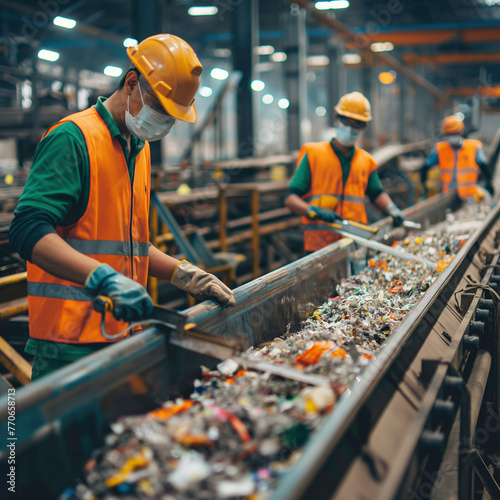 Workers sort recyclables on the conveyor of a modern waste and garbage recycling enterprise