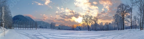A snowy field with trees in the background and a beautiful sunset in the sky
