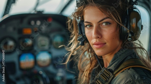 Confident female pilot in cockpit of helicopter, poised and ready for flight