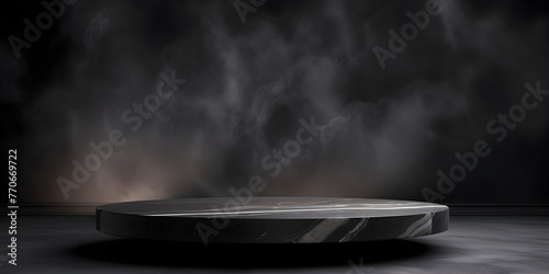 Black pedestal with smoke on dark background for product presentation mock up.Sleek Black Podium In A 3d Basement Background