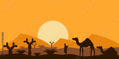 Desert Landscape with a Nomad and Camels. Nature and people concept Illustration