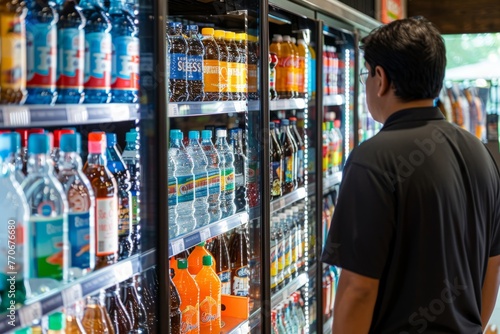 A man stands in front of a display of drinks, selecting beverages from shelves stocked with bottled water