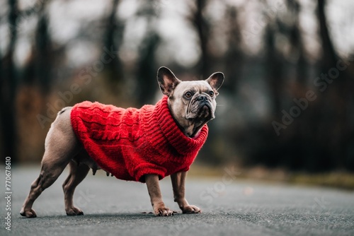 French Bulldog running down the street with its bright collar firmly in place