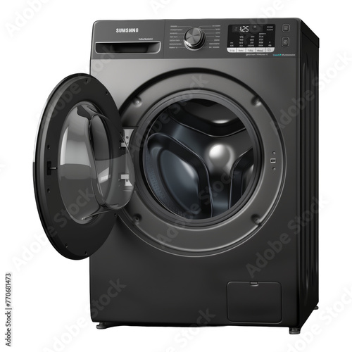 Trendy new black, metallic washing machine with a big drum on a transparent background. The washer has the door open and is ready to wash and clean the laundry.